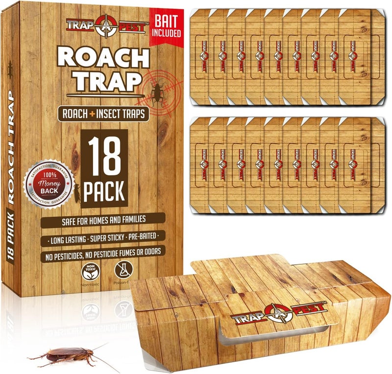 TRAP A PEST فخاخ الصراصير اللاصقة الداخلية (18 عبوة) - فخاخ لاصقة للصراصير مع طُعم للصراصير - تدوم طويلاً وغير سامة وآمنة للأطفال والحيوانات الأليفة - Image 1